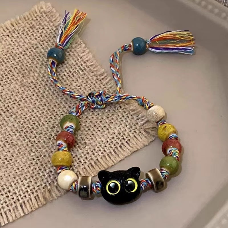 1/2PCS Tassels Big Eye Cat Bracelets for Women Men Sweet Cool Skull Ceramic Beaded Bracelet Aesthetic Party Jewelry Accessories