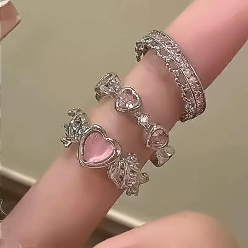 3 Pcs/Set Love Heart Rings for Women Girls Light Luxury Rhinestone Opening Ring Sweet Finger Ring Wedding Party Accessories