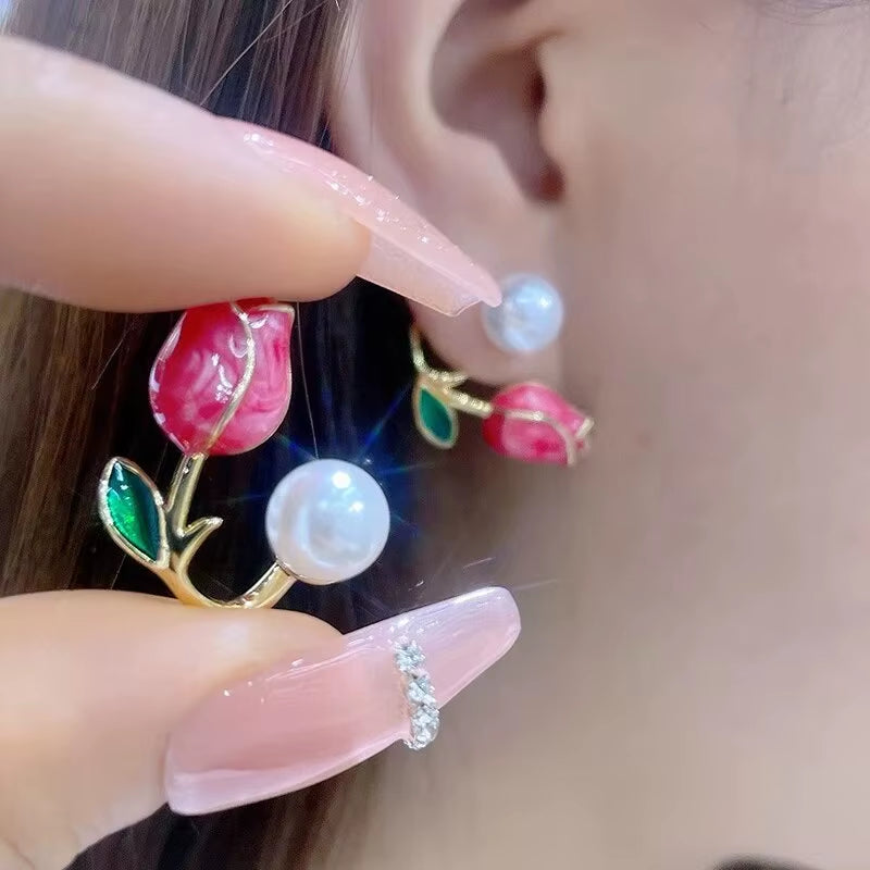 French Tulip Flower Stud Earrings Light Luxury Imitation Pearl Earrings Women'S Fashion Summer Female Ear Jewelry Party Gifts