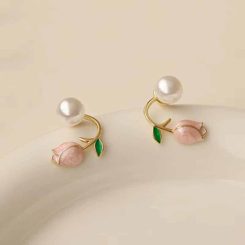 French Tulip Flower Stud Earrings Light Luxury Imitation Pearl Earrings Women'S Fashion Summer Female Ear Jewelry Party Gifts