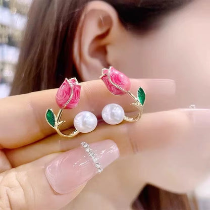 French Tulip Flower Stud Earrings Light Luxury Imitation Pearl Earrings Women'S Fashion Summer Female Ear Jewelry Party Gifts