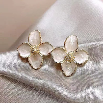 Hibiscus Dropped Glaze Flower Stud Earrings for Women Girl French Ins Vintage 2024 Fashion Korean Wedding Romantic Jewelry Gifts