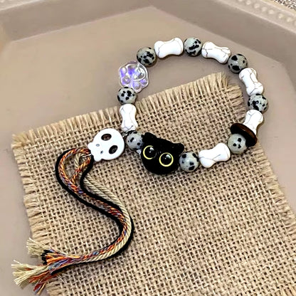 1/2PCS Tassels Big Eye Cat Bracelets for Women Men Sweet Cool Skull Ceramic Beaded Bracelet Aesthetic Party Jewelry Accessories