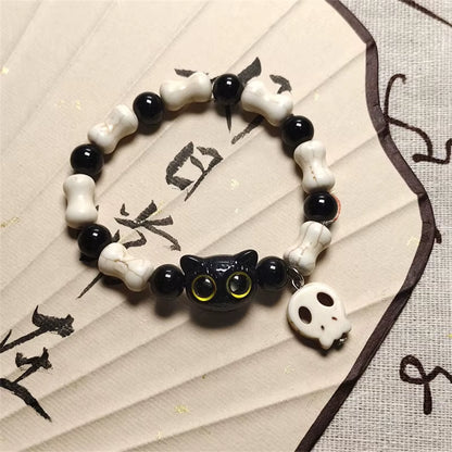 1/2PCS Tassels Big Eye Cat Bracelets for Women Men Sweet Cool Skull Ceramic Beaded Bracelet Aesthetic Party Jewelry Accessories