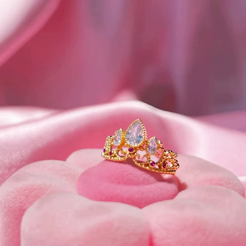 Charm Rapunzel Crown Rings Princess Jewelry for Woman Girl Fashion Wedding Accessories Gold Plated Adjustable Rings Gift for Her