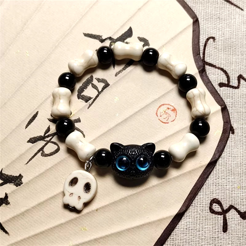 1/2PCS Tassels Big Eye Cat Bracelets for Women Men Sweet Cool Skull Ceramic Beaded Bracelet Aesthetic Party Jewelry Accessories