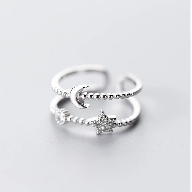 Retro Minimalist Opening Rings for Women Double Layer Moon Stars Cross Zircon Adjustable Finger Ring Girl Personality Jewelry