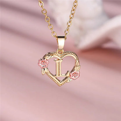 Female A-Z Letter Flower Pendant Necklace Yellow Gold Color Wedding Jewelry Gift for Women