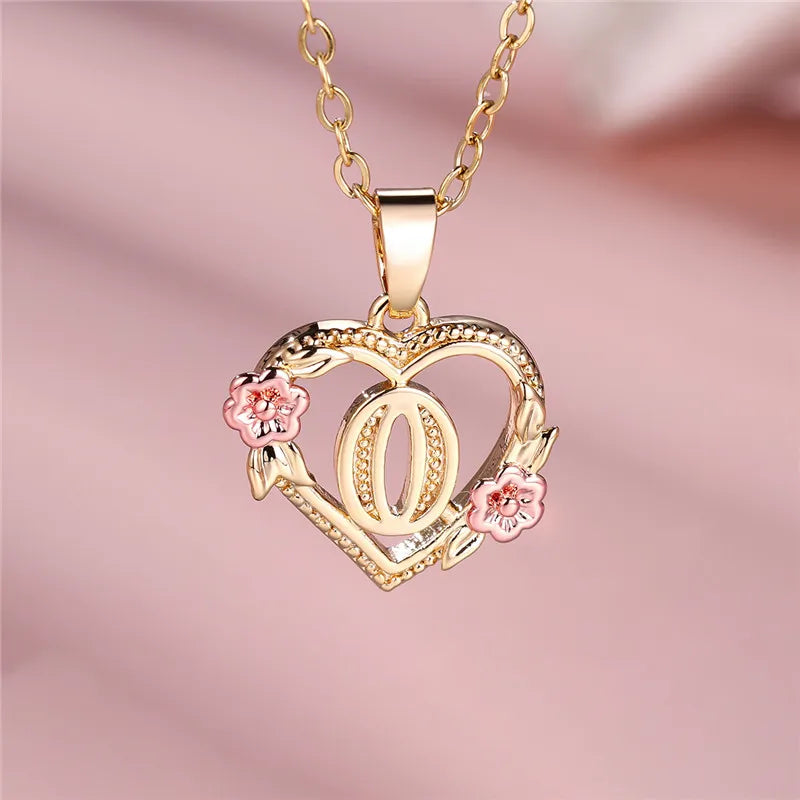 Female A-Z Letter Flower Pendant Necklace Yellow Gold Color Wedding Jewelry Gift for Women