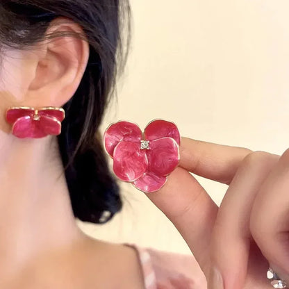 Red Blue Enamel Flower Stud Earrings for Women Korean Fashion Five Petals Crystal Flowered Lovely Cute Girls Ear Decoration