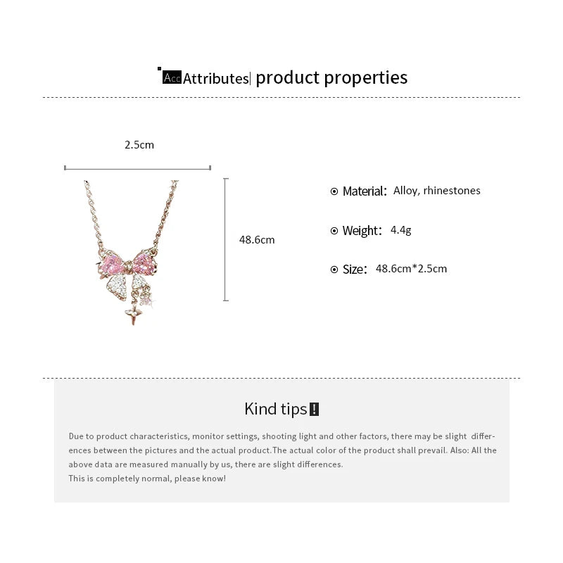 Sweet Pink Bow Necklace Ladies Fashion Sparkling Rhinestone Star Shape Pendant Clavicle Chain Delicate Wedding Accesories