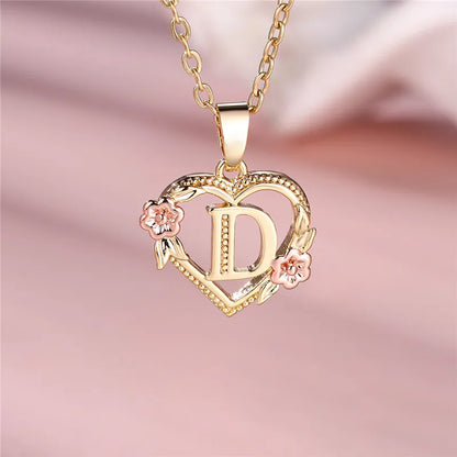 Female A-Z Letter Flower Pendant Necklace Yellow Gold Color Wedding Jewelry Gift for Women