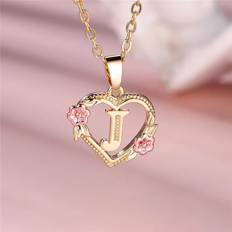 Female A-Z Letter Flower Pendant Necklace Yellow Gold Color Wedding Jewelry Gift for Women