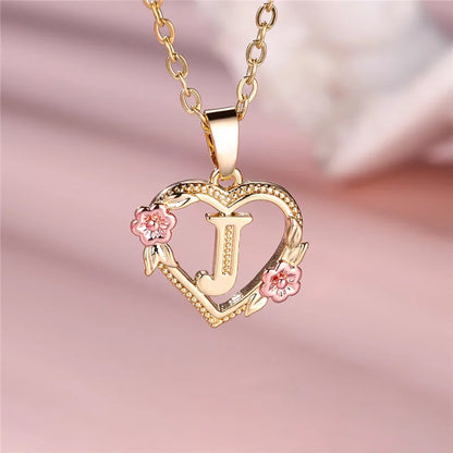 Female A-Z Letter Flower Pendant Necklace Yellow Gold Color Wedding Jewelry Gift for Women