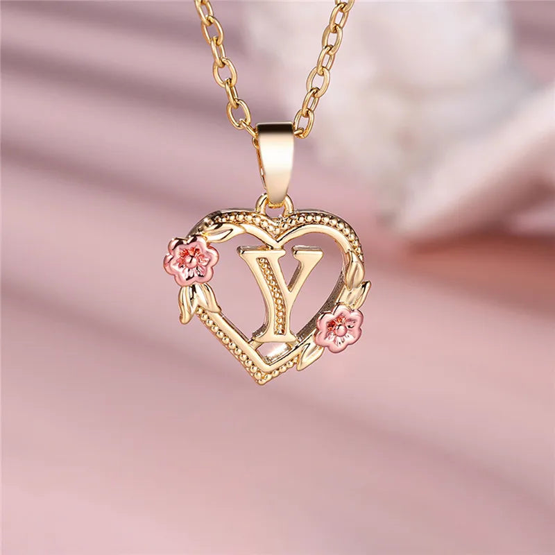 Female A-Z Letter Flower Pendant Necklace Yellow Gold Color Wedding Jewelry Gift for Women