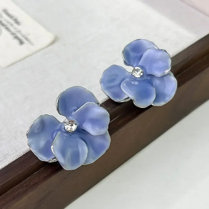 Red Blue Enamel Flower Stud Earrings for Women Korean Fashion Five Petals Crystal Flowered Lovely Cute Girls Ear Decoration