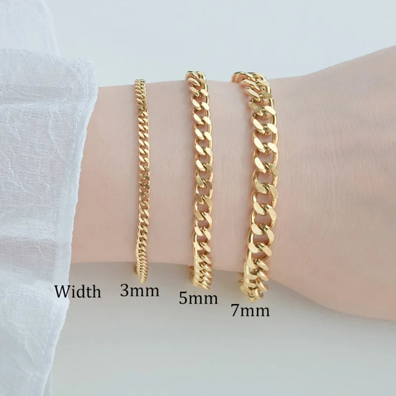 3/5/7Mm Stainless Steel Cuban Link Chain Wristband Classic Punk Heavy Male Jewelry Simple Fashion Couple Bracelet for Men Women