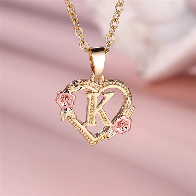 Female A-Z Letter Flower Pendant Necklace Yellow Gold Color Wedding Jewelry Gift for Women