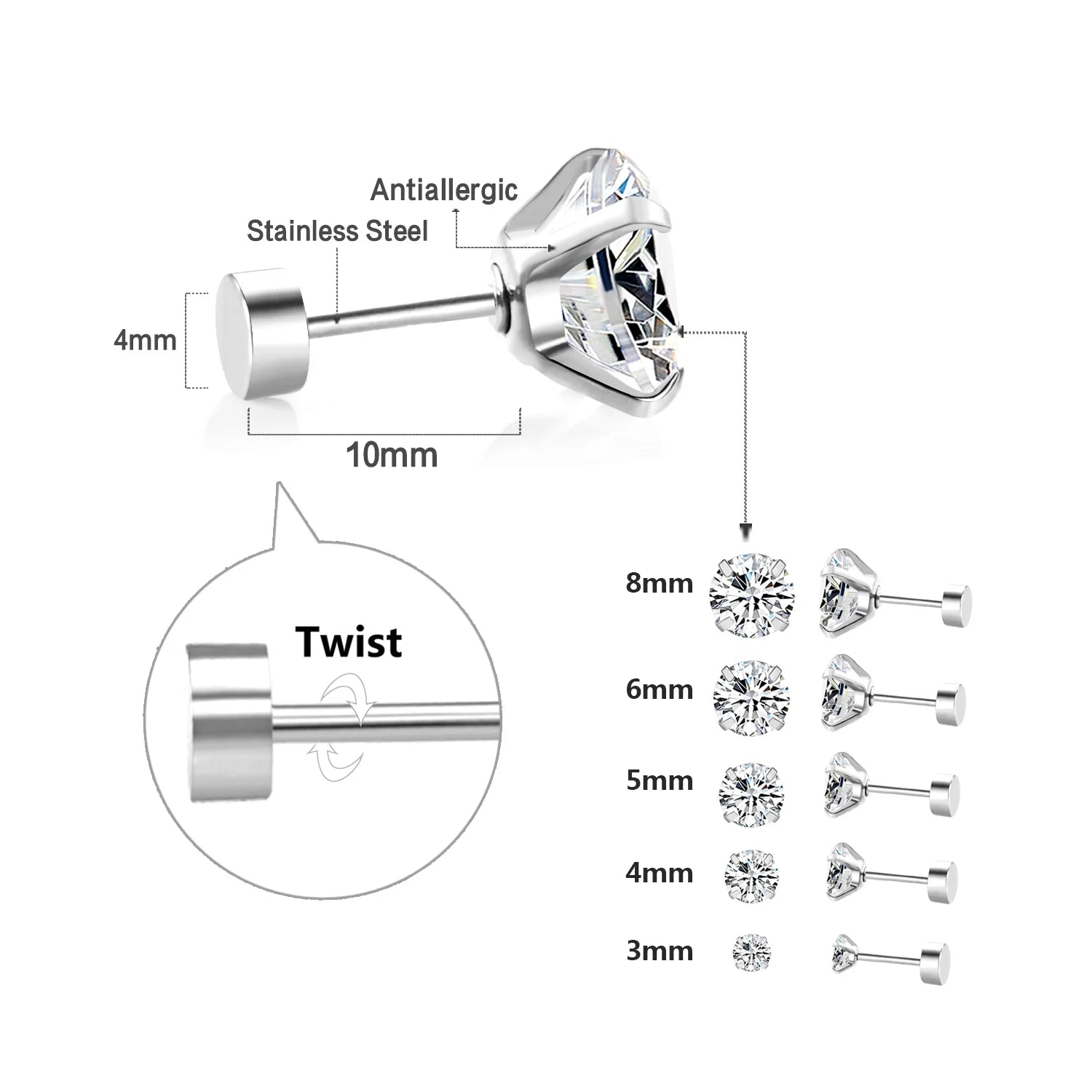 1 Pairs Shiny Crystal Zircon Stud Earrings for Women Men round Beads Screw Back Needle CZ Ear Stainless Steel 3-8Mm