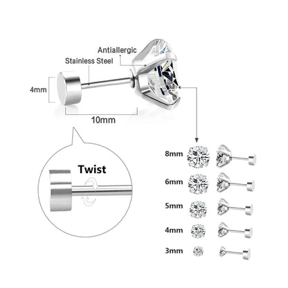 1 Pairs Shiny Crystal Zircon Stud Earrings for Women Men round Beads Screw Back Needle CZ Ear Stainless Steel 3-8Mm