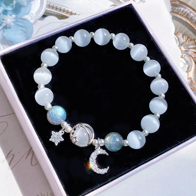 Niche Design Star Chain Tassel Bracelet for Women Fantasy Blue Crystal Beads Elastic Rope Bracelet Best Friend Jewelry Gifts