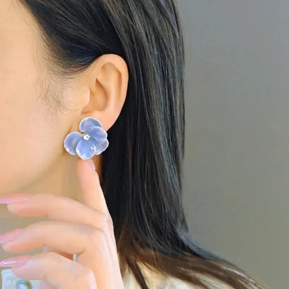 Red Blue Enamel Flower Stud Earrings for Women Korean Fashion Five Petals Crystal Flowered Lovely Cute Girls Ear Decoration