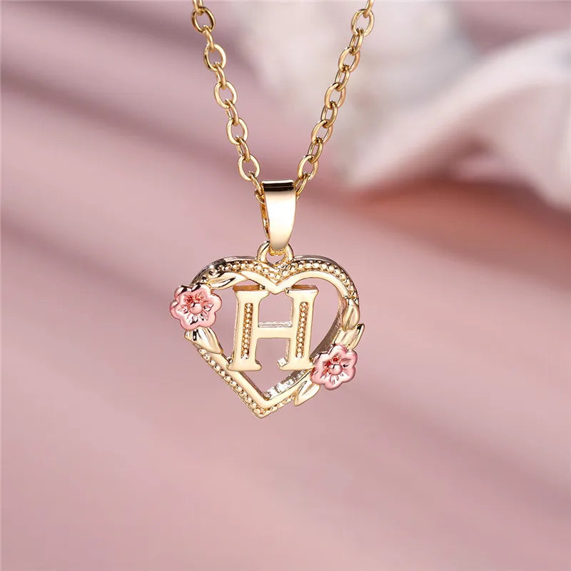 Female A-Z Letter Flower Pendant Necklace Yellow Gold Color Wedding Jewelry Gift for Women