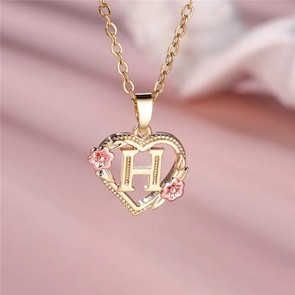 Female A-Z Letter Flower Pendant Necklace Yellow Gold Color Wedding Jewelry Gift for Women