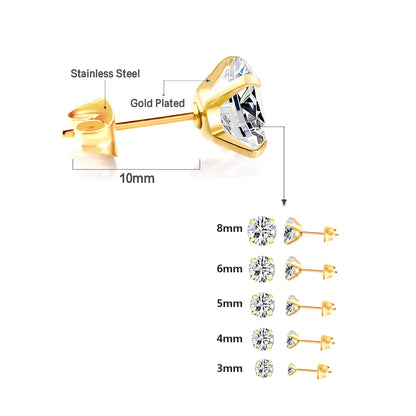 1 Pairs Shiny Crystal Zircon Stud Earrings for Women Men round Beads Screw Back Needle CZ Ear Stainless Steel 3-8Mm