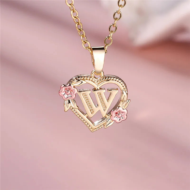 Female A-Z Letter Flower Pendant Necklace Yellow Gold Color Wedding Jewelry Gift for Women