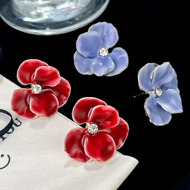 Red Blue Enamel Flower Stud Earrings for Women Korean Fashion Five Petals Crystal Flowered Lovely Cute Girls Ear Decoration