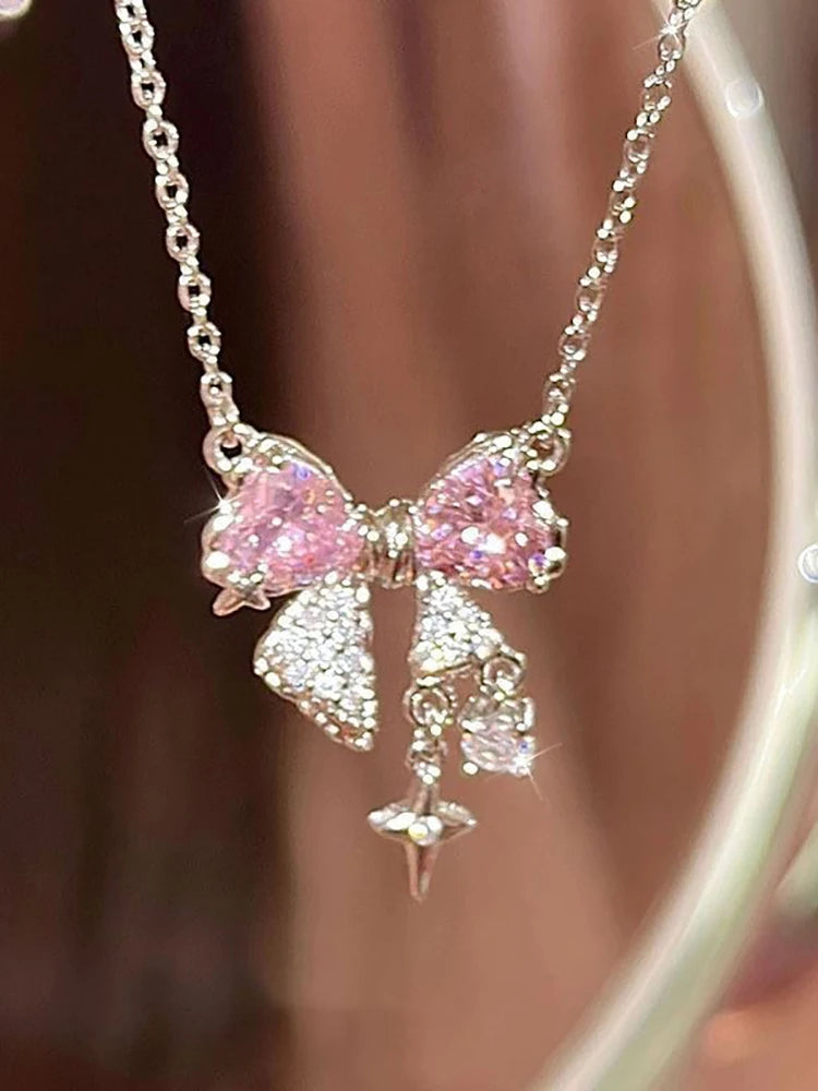 Sweet Pink Bow Necklace Ladies Fashion Sparkling Rhinestone Star Shape Pendant Clavicle Chain Delicate Wedding Accesories