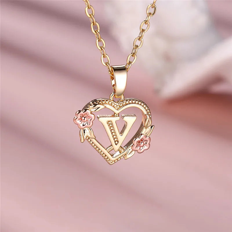 Female A-Z Letter Flower Pendant Necklace Yellow Gold Color Wedding Jewelry Gift for Women