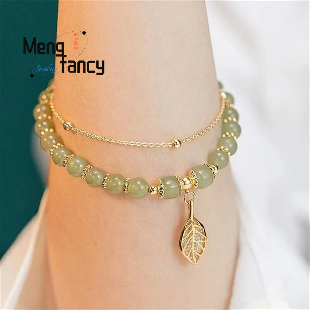 Natural Hetian Jasper Golden Branch Jade Leaves Bracelet Exquisite Sexy Young Girls Fashion Jewelry Best Selling Holiday Gift