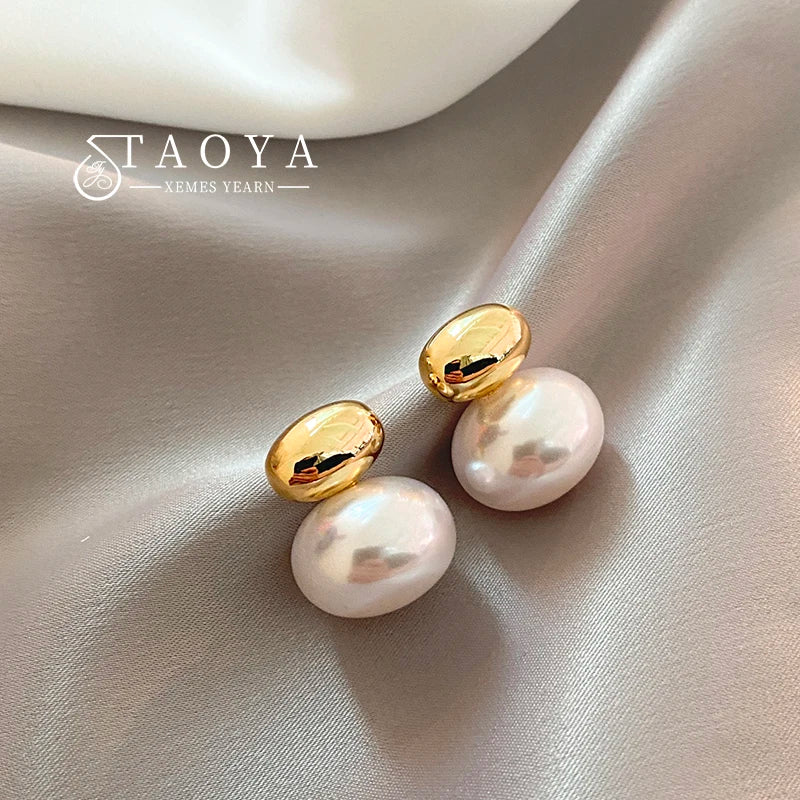 2023 New French Elegant Gold Color Bean Spliced Flat Pearl Earrings for Korean Fashion Jewelry Party Women'S Sweet Accessories