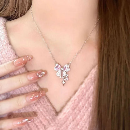 Sweet Pink Bow Necklace Ladies Fashion Sparkling Rhinestone Star Shape Pendant Clavicle Chain Delicate Wedding Accesories