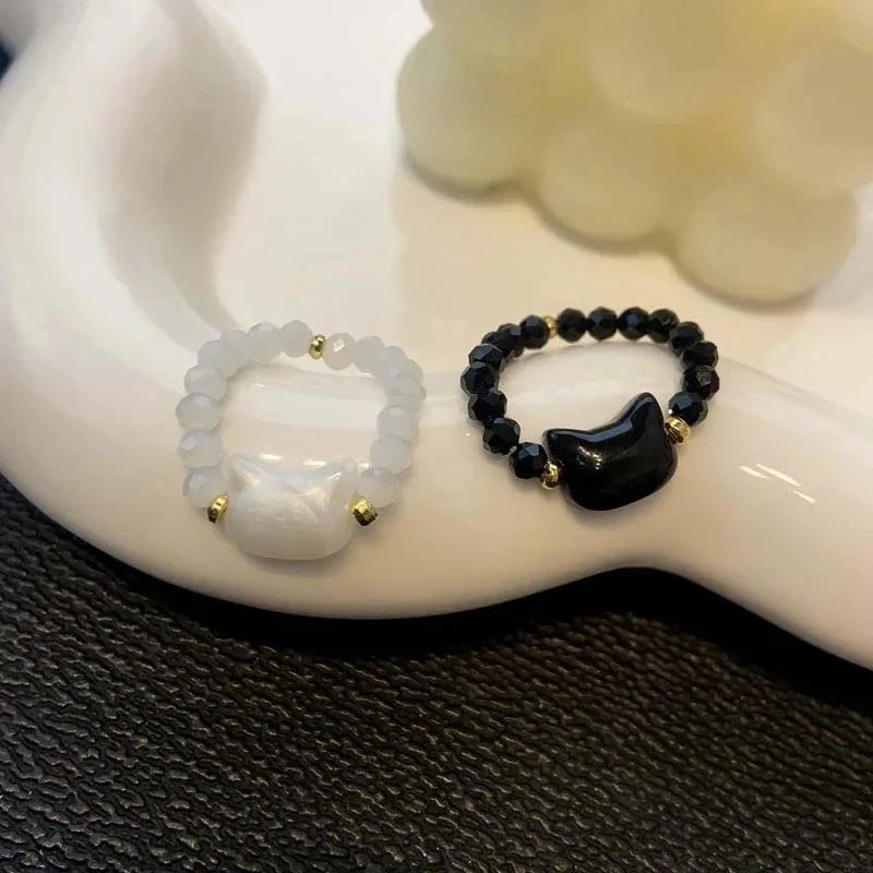 1Pcs Natural Moonstone Obsidian Rings Beads Minimalist Fidget Ring Cute Black White Cat Ring Women Men Party Accessories Jewelry