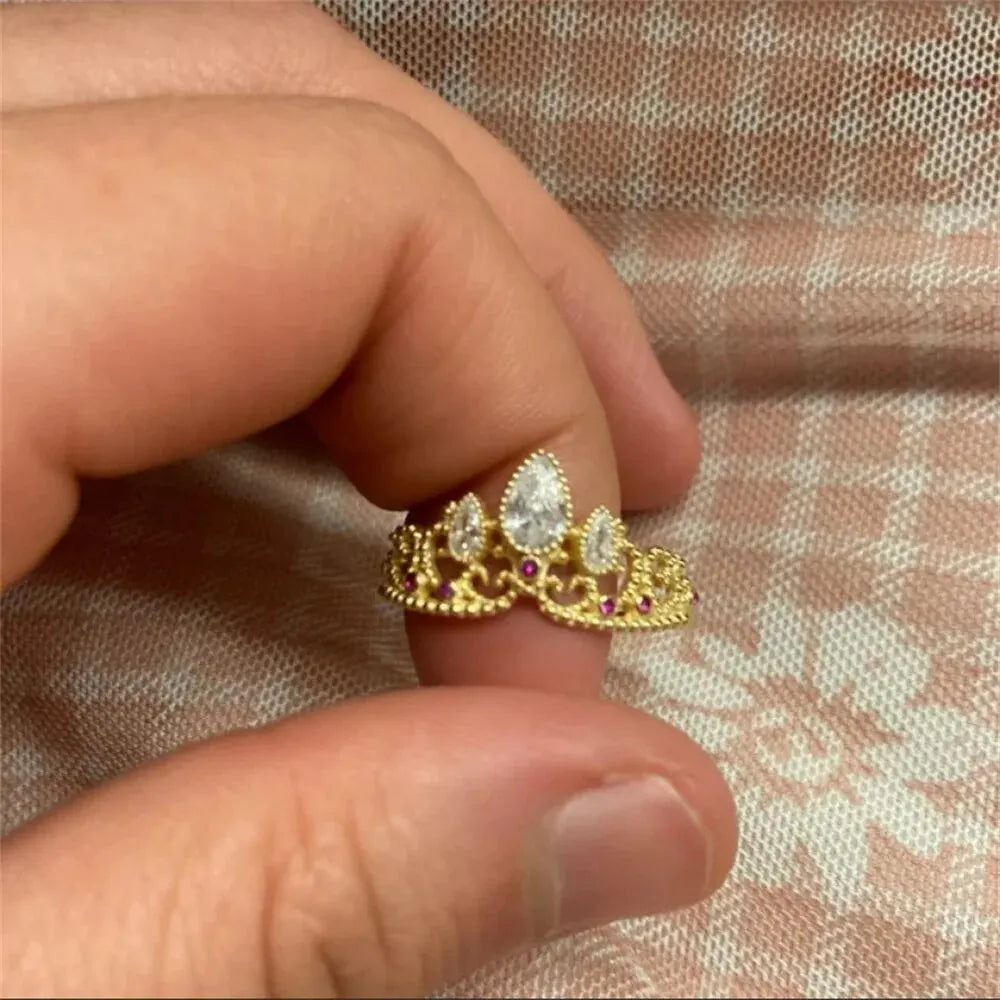 Charm Rapunzel Crown Rings Princess Jewelry for Woman Girl Fashion Wedding Accessories Gold Plated Adjustable Rings Gift for Her