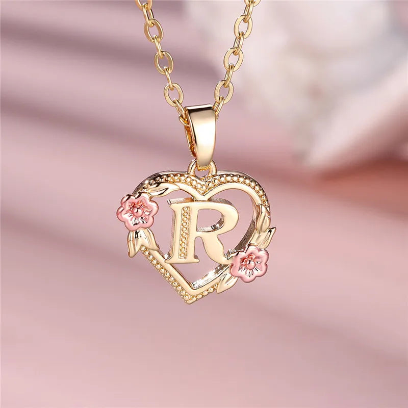 Female A-Z Letter Flower Pendant Necklace Yellow Gold Color Wedding Jewelry Gift for Women