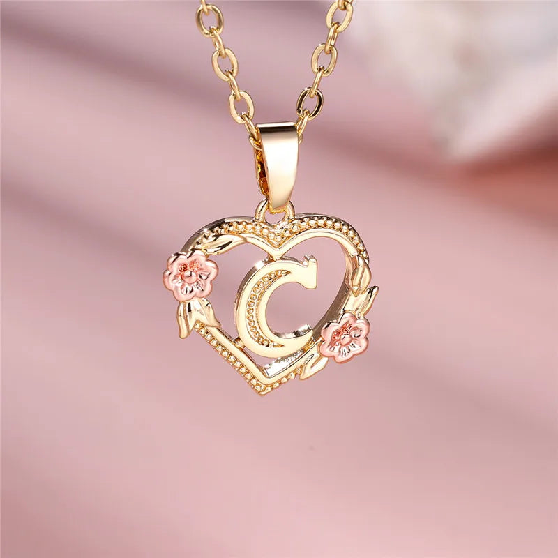 Female A-Z Letter Flower Pendant Necklace Yellow Gold Color Wedding Jewelry Gift for Women