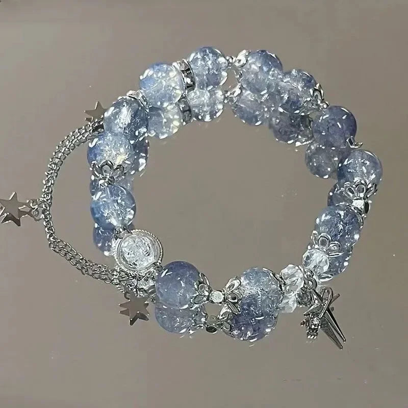 Niche Design Star Chain Tassel Bracelet for Women Fantasy Blue Crystal Beads Elastic Rope Bracelet Best Friend Jewelry Gifts