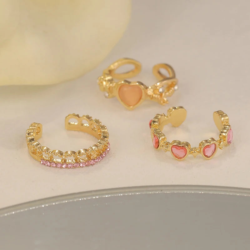 3 Pcs/Set Love Heart Rings for Women Girls Light Luxury Rhinestone Opening Ring Sweet Finger Ring Wedding Party Accessories