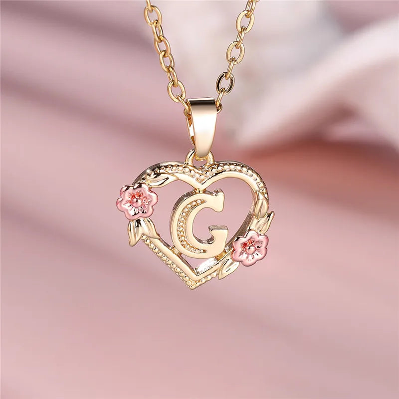 Female A-Z Letter Flower Pendant Necklace Yellow Gold Color Wedding Jewelry Gift for Women