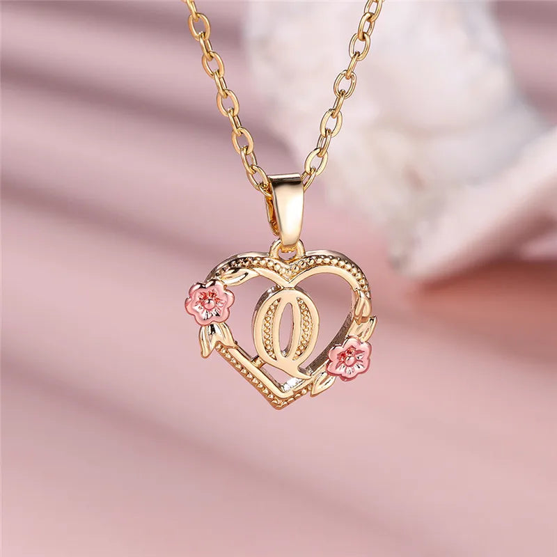 Female A-Z Letter Flower Pendant Necklace Yellow Gold Color Wedding Jewelry Gift for Women