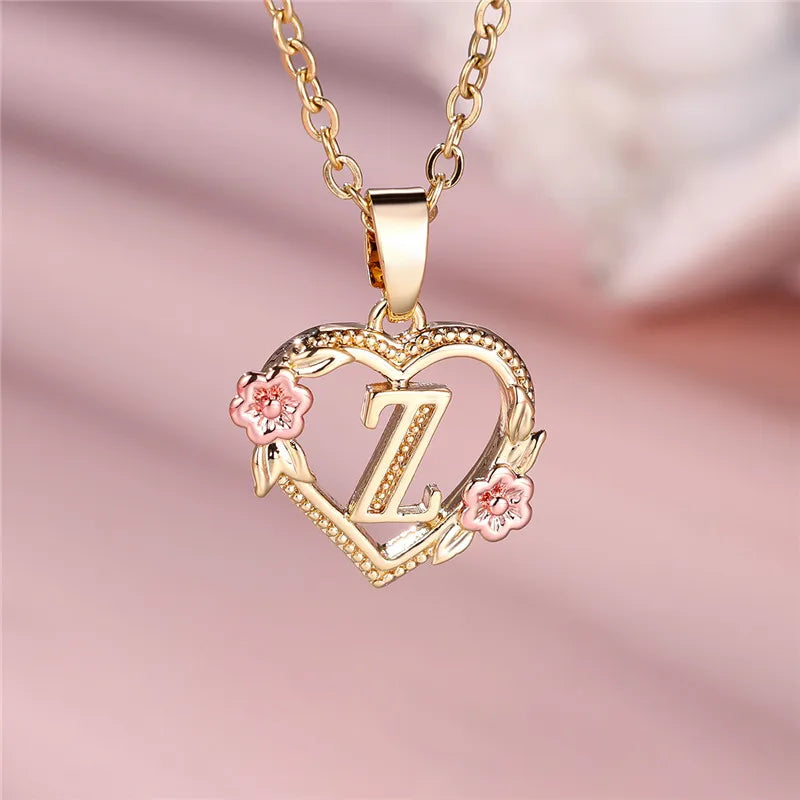 Female A-Z Letter Flower Pendant Necklace Yellow Gold Color Wedding Jewelry Gift for Women