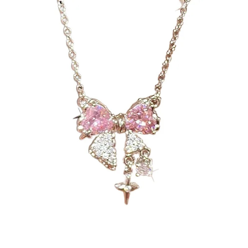 Sweet Pink Bow Necklace Ladies Fashion Sparkling Rhinestone Star Shape Pendant Clavicle Chain Delicate Wedding Accesories