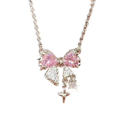 Sweet Pink Bow Necklace Ladies Fashion Sparkling Rhinestone Star Shape Pendant Clavicle Chain Delicate Wedding Accesories