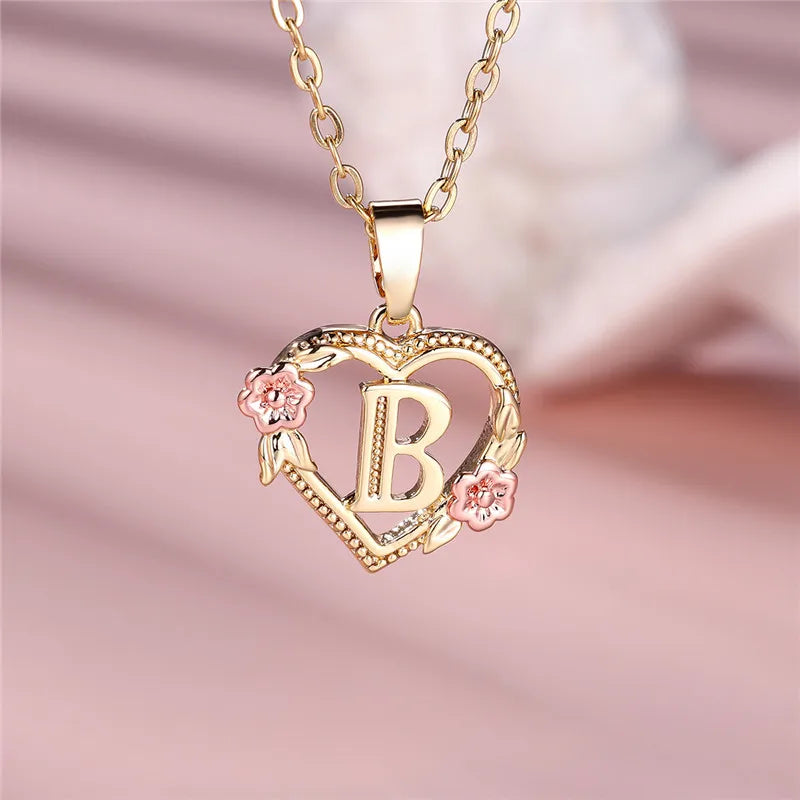 Female A-Z Letter Flower Pendant Necklace Yellow Gold Color Wedding Jewelry Gift for Women