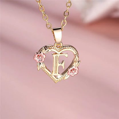 Female A-Z Letter Flower Pendant Necklace Yellow Gold Color Wedding Jewelry Gift for Women