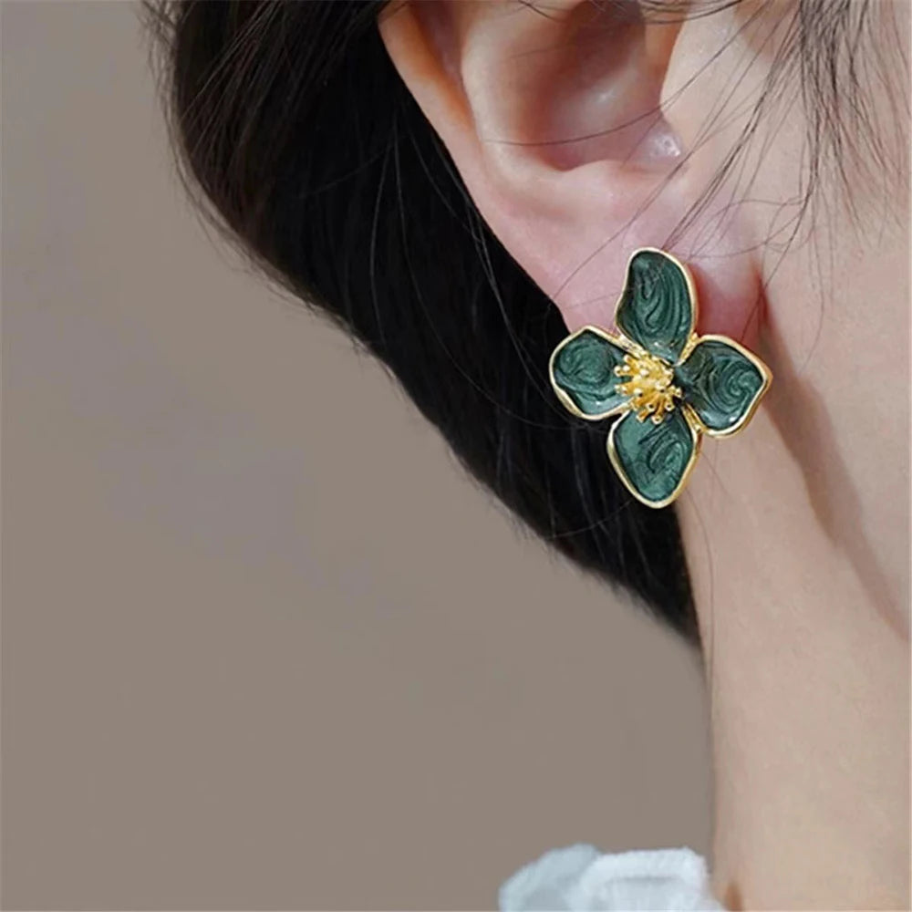 Hibiscus Dropped Glaze Flower Stud Earrings for Women Girl French Ins Vintage 2024 Fashion Korean Wedding Romantic Jewelry Gifts